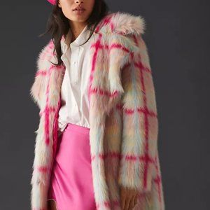 Anthropologie NVLT Faux Fur Long Coat Ping Tartan Fuchsia Plaid S & XL NEW $379